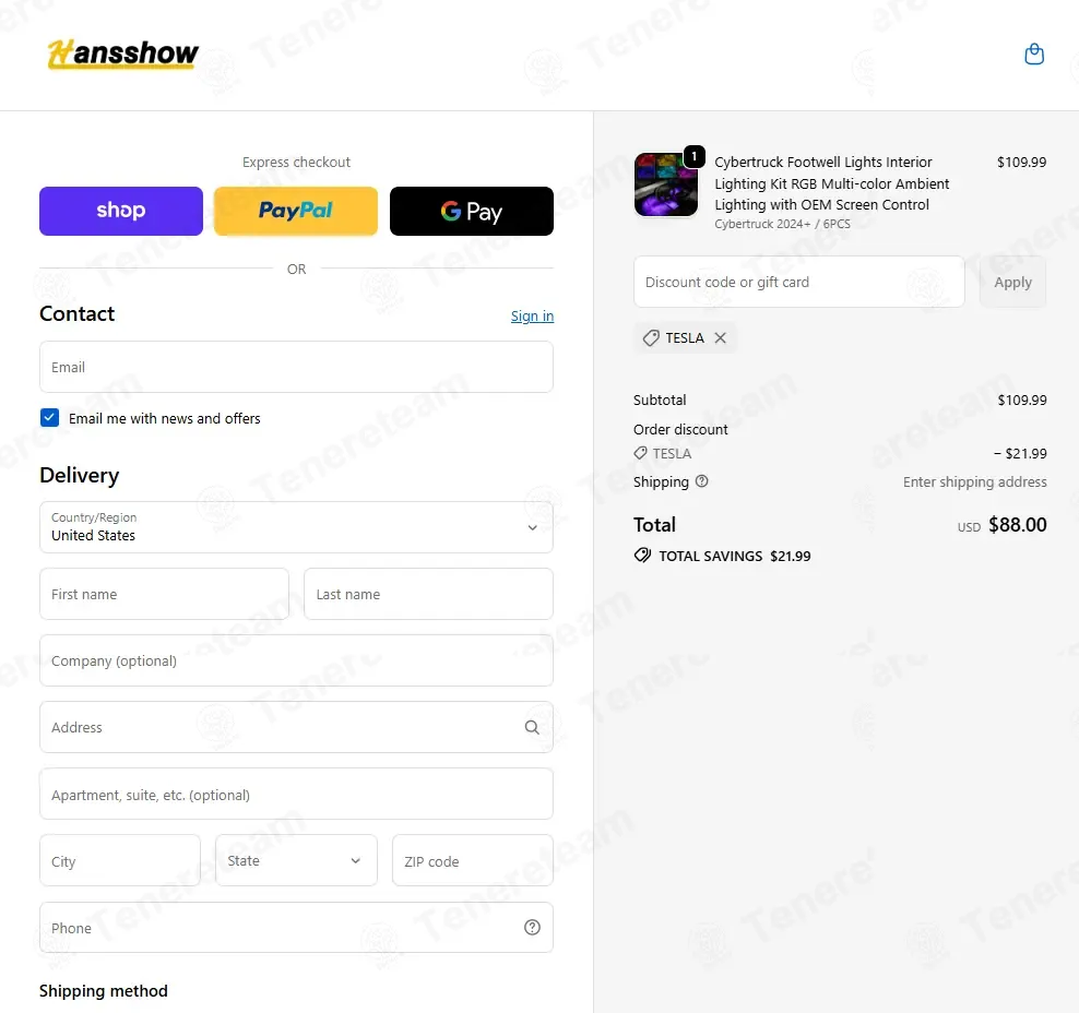 Hansshow Auto Parts coupon code: 20% off with TESLA. Tested and valid as 1 week ago.
