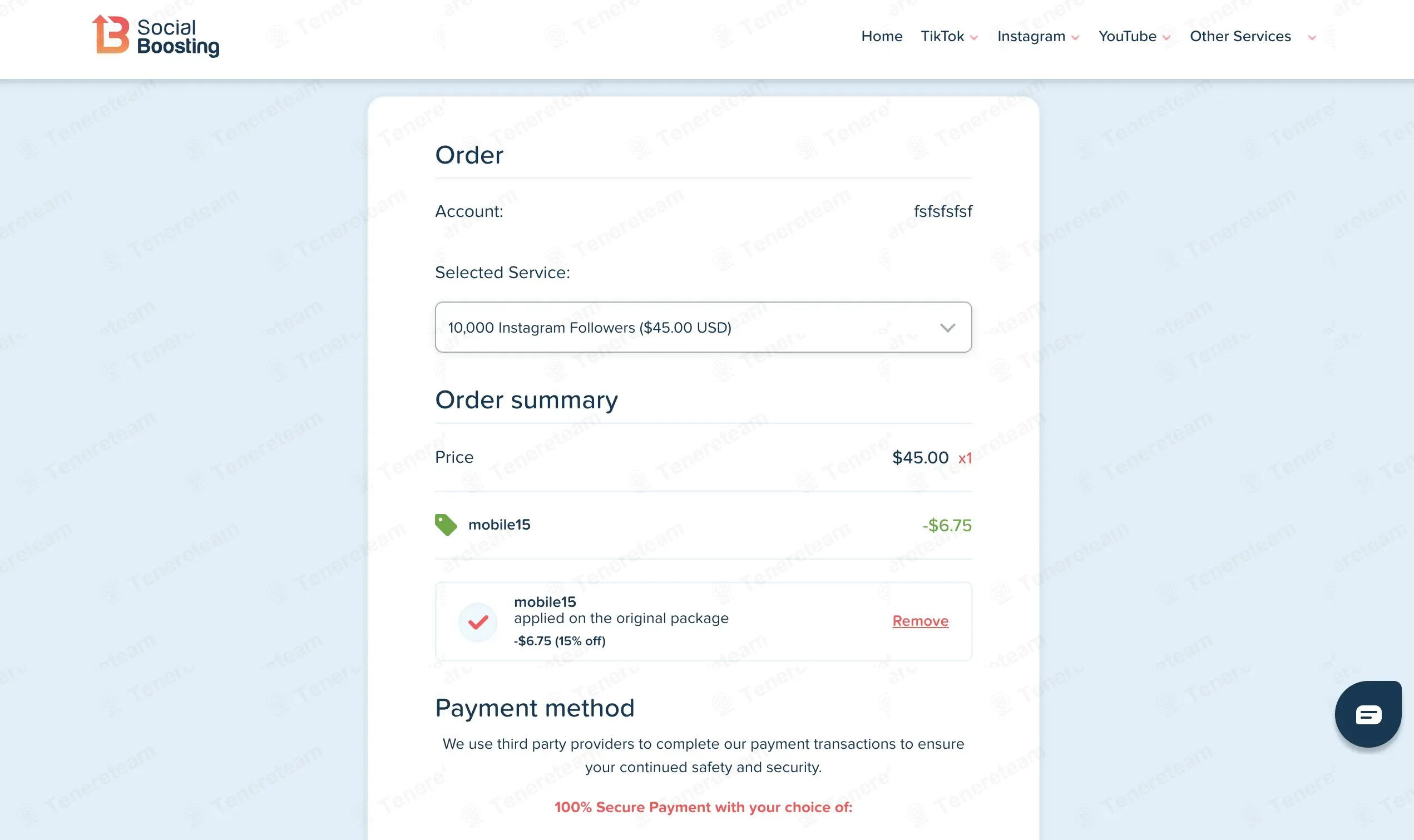 SocialBoosting coupon code: 15% off with MOBILE15. Tested and valid as 2 months ago.