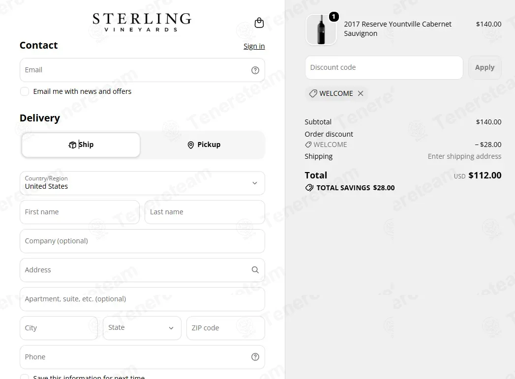 Sterling Vineyards coupon code: 20% off with WELCOME. Tested and valid as 1 month ago.