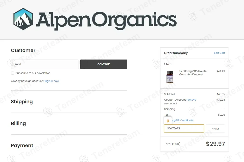 Alpen Organics coupon code: 40% off with NEWYEARS. Tested and valid as 1 year ago.