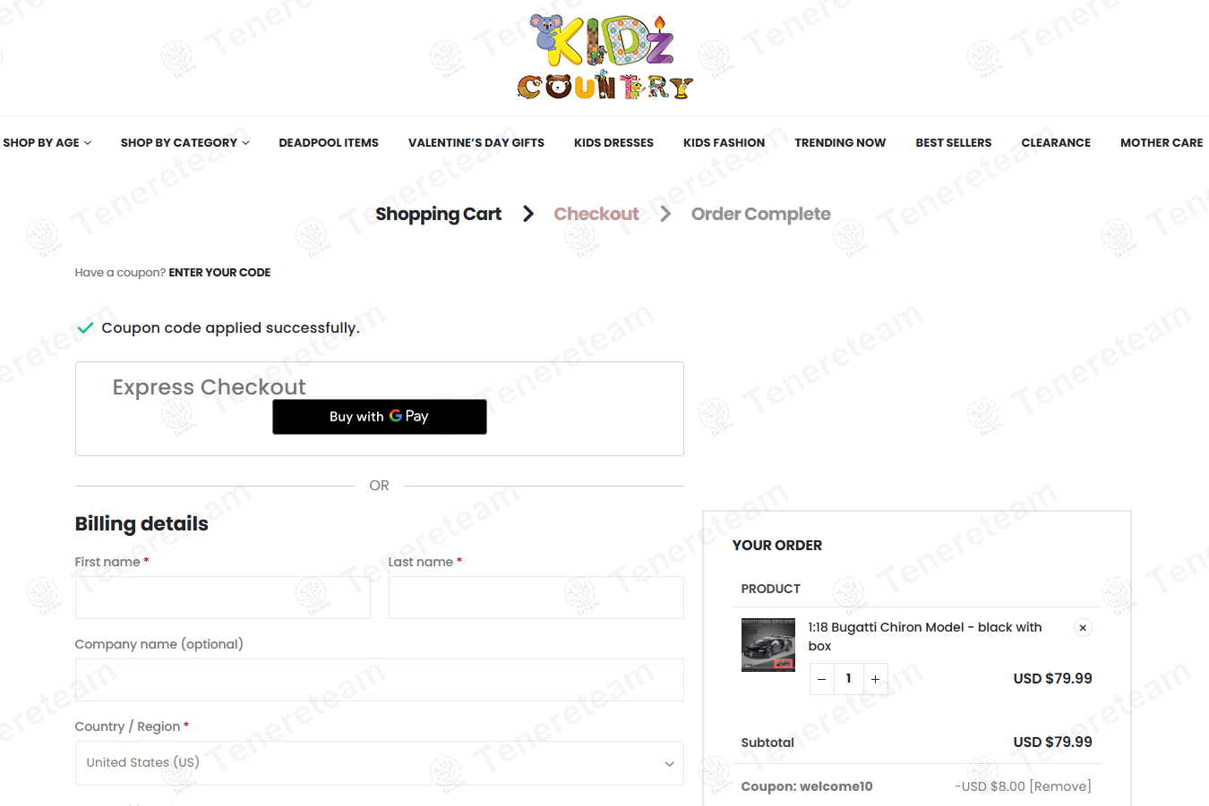 Kidz Country coupon code: 10% off with WELCOME10. Tested and valid as 1 year ago.
