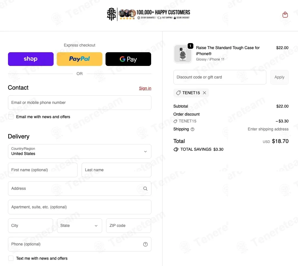 Raise The Standard coupon code: 15% off with TENET15. Tested and valid as 7 months ago.