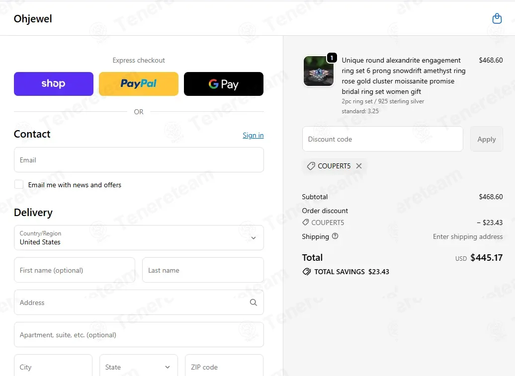 Ohjewel coupon code: 5% off with COUPERT5. Tested and valid as 3 weeks ago.
