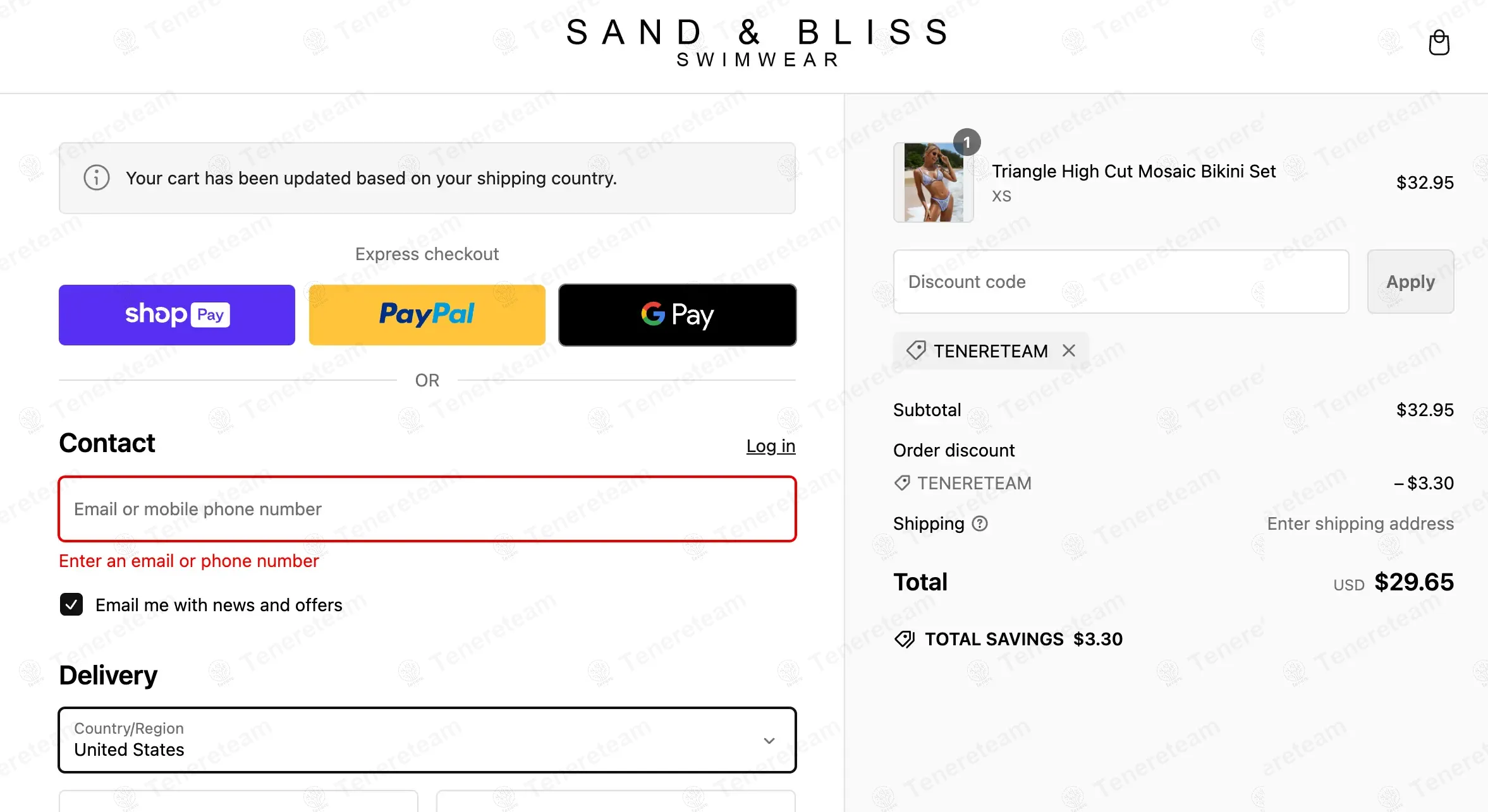 Sand & Bliss Swimwear coupon code: 10% off with TENERETEAM. Tested and valid as 8 months ago.