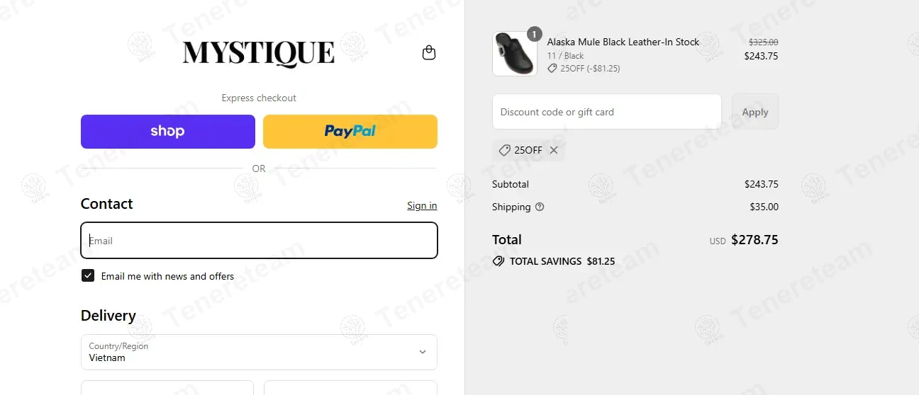 Mystique coupon code: 25% off with 25off. Tested and valid as 11 months ago.