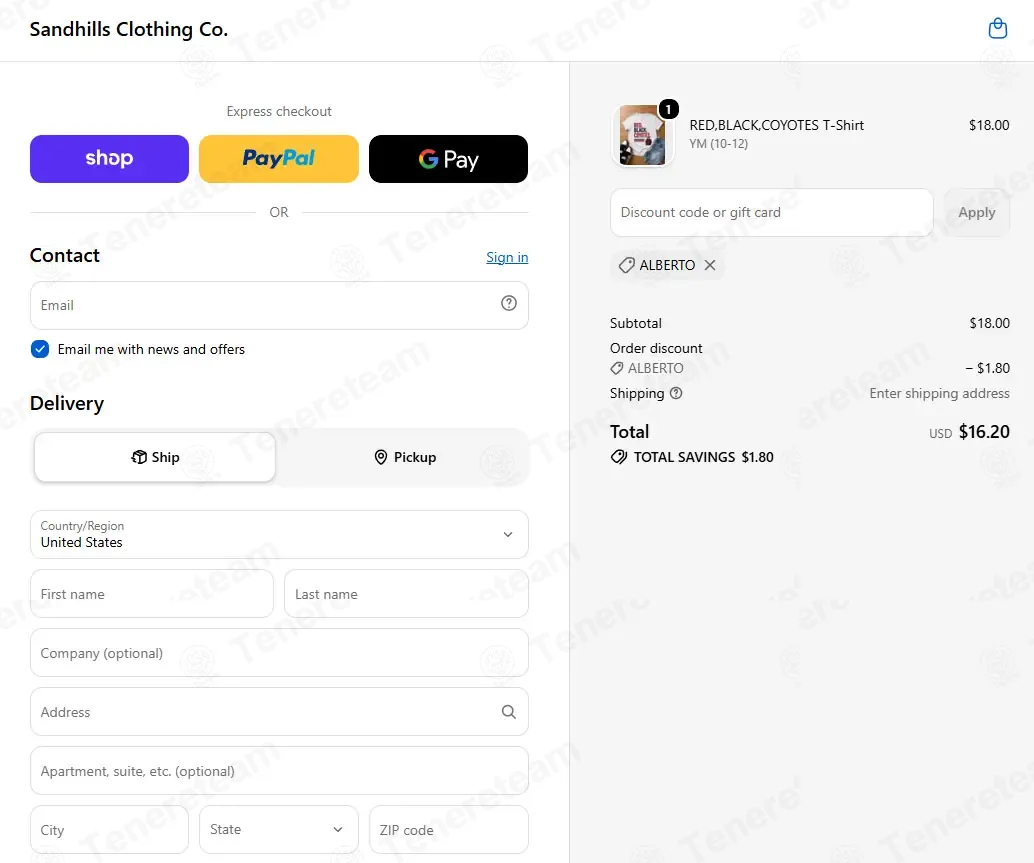 Sandhills Clothing Co coupon code: 10% off with ALBERTO. Tested and valid as 2 weeks ago.