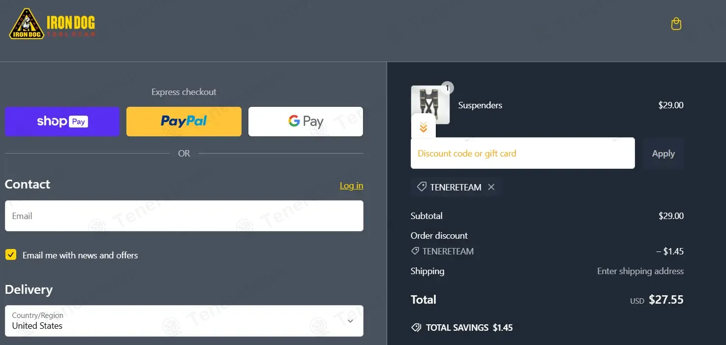Iron Dog Tool Gear coupon code: 5% off with TENERETEAM. Tested and valid as 1 year ago.
