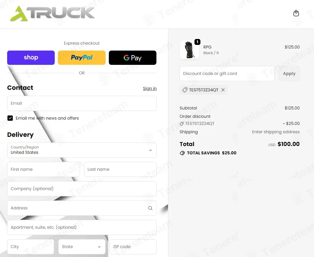 Truck Gloves coupon code: 20% off with TEST5T2Z34QT. Tested and valid as 1 month ago.