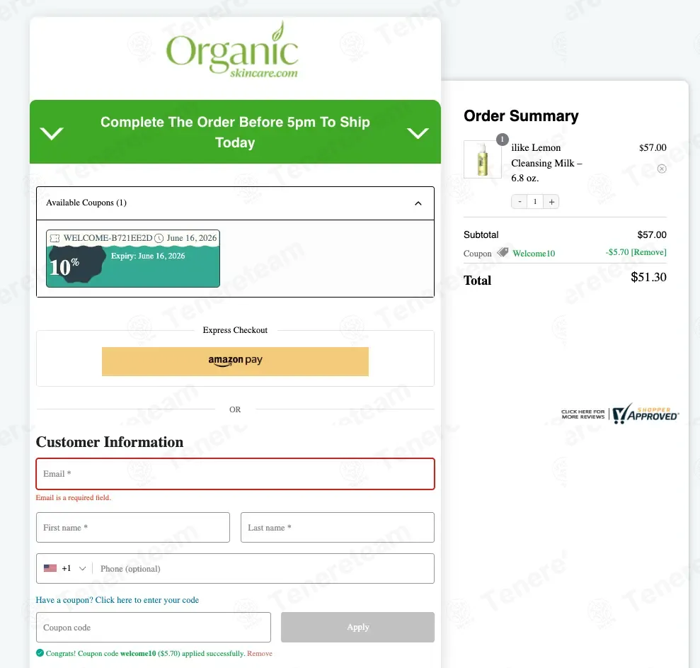 Organic Skin Care coupon code: 10% off with welcome10. Tested and valid as 4 days ago.